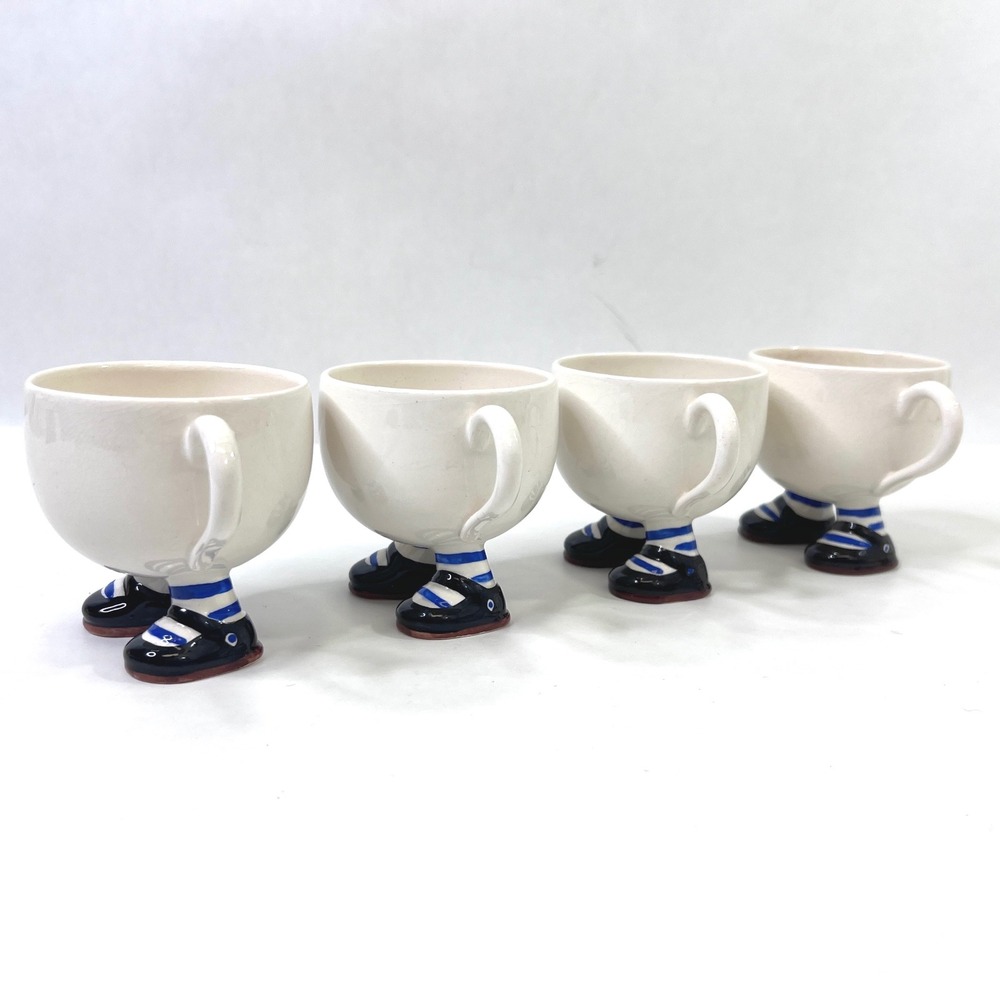 Carlton Ware England Walking Ware 1970s Set of 4 Cups Blue Striped Socks Vintage